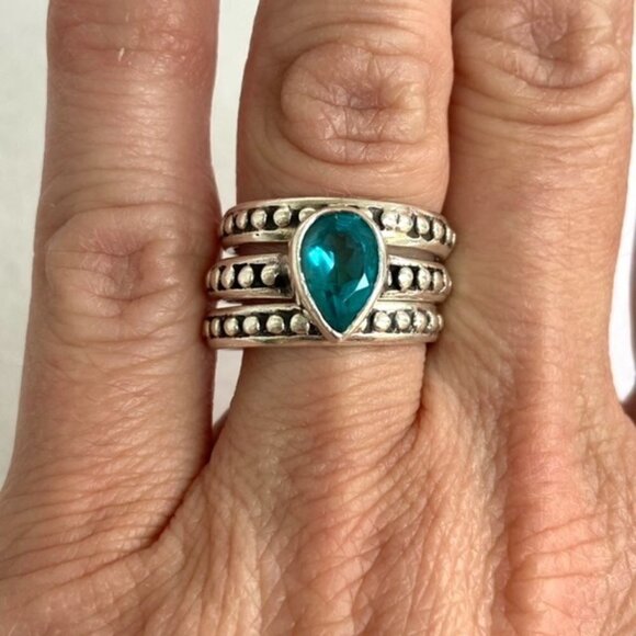 Sterling Silver 925 Teardrop Faceted Blue Glass Triple Band Ring Bali Size 6.5 - Picture 5 of 16
